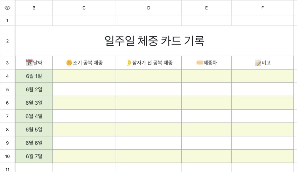 일주일 체중 카드 기록